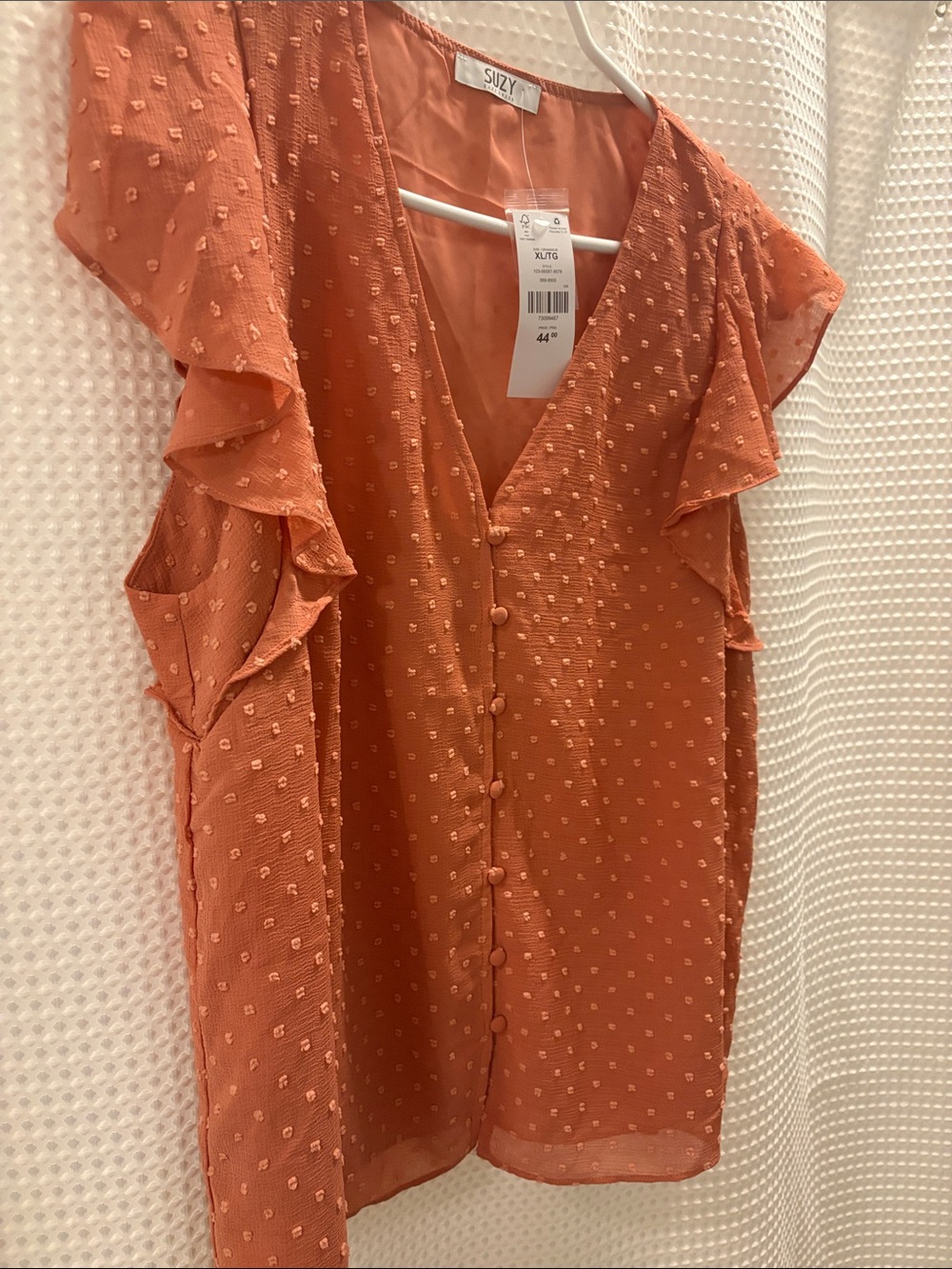 Suzy Shier Coral Dot Flutter Sleeve Button-Front Blouse